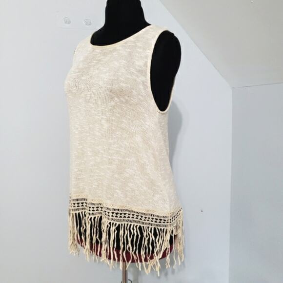 Fringe Boho Hippie Semi Sheer Sleeveless Knit Tunic Top Medium Gypsy Neutral - Picture 4 of 10